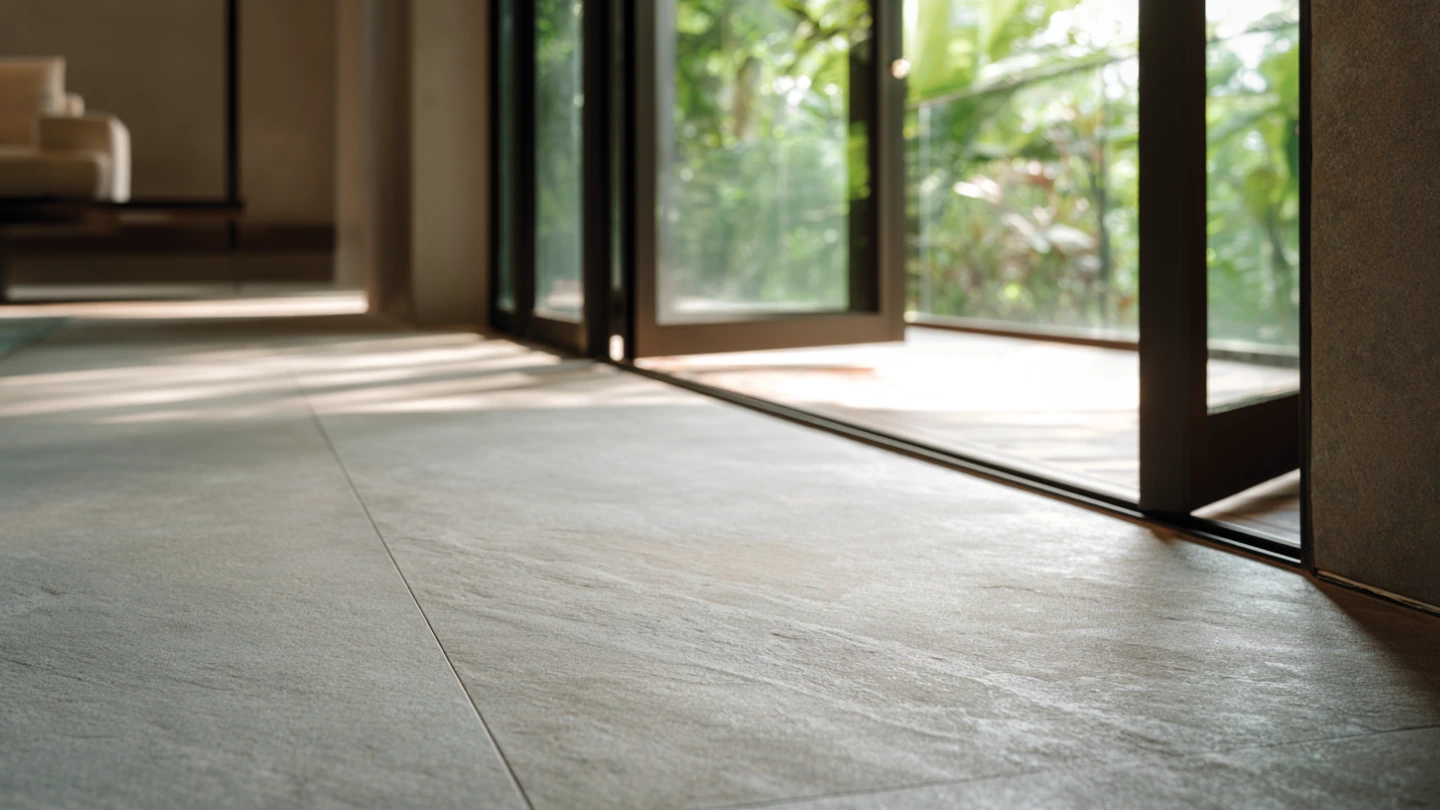 Sintered stone flooring near a Malaysian home outdoor transition area showing moisture and humidity resistance