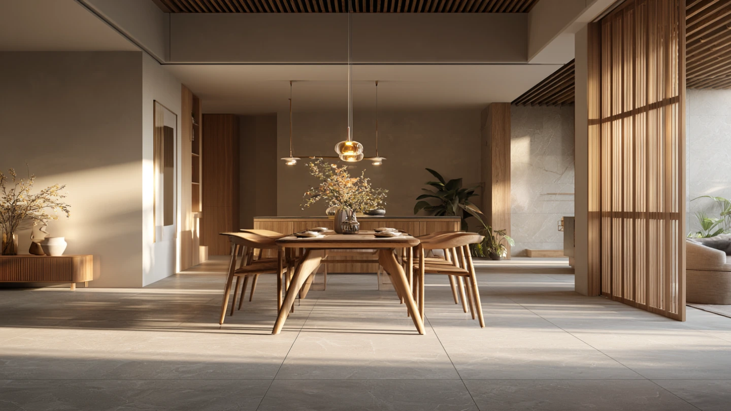 Sintered stone flooring in a Malaysian home dining and living area showing seamless large-format aesthetic