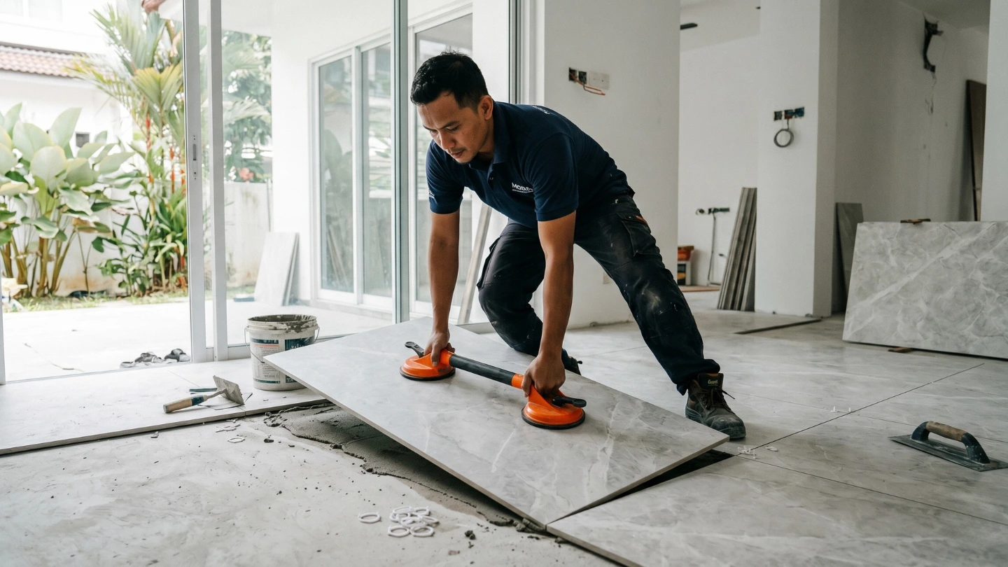 Specialist installer laying sintered stone flooring slab in a Malaysian home renovation