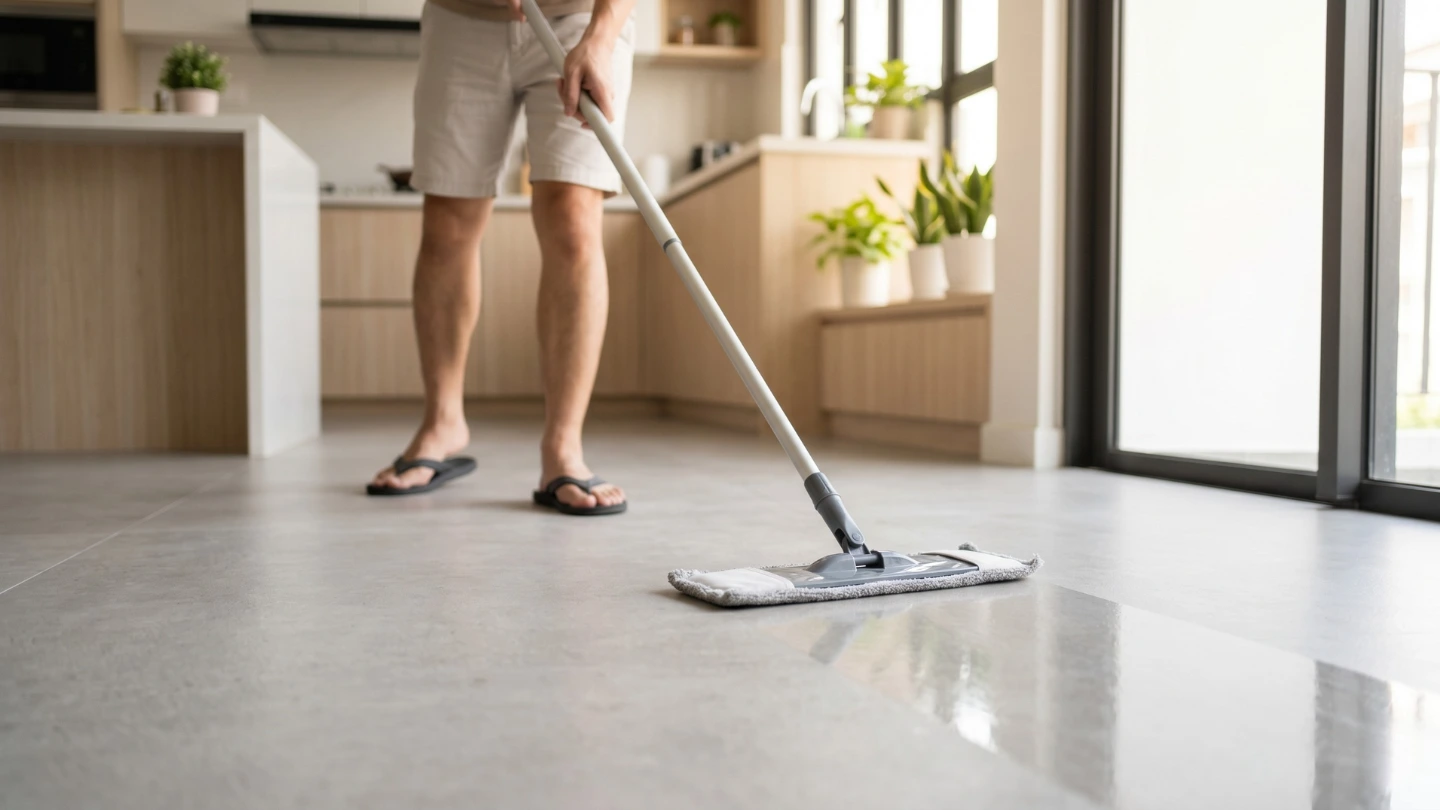 Cleaning sintered stone floor with a damp mop showing ease of maintenance in Malaysian home