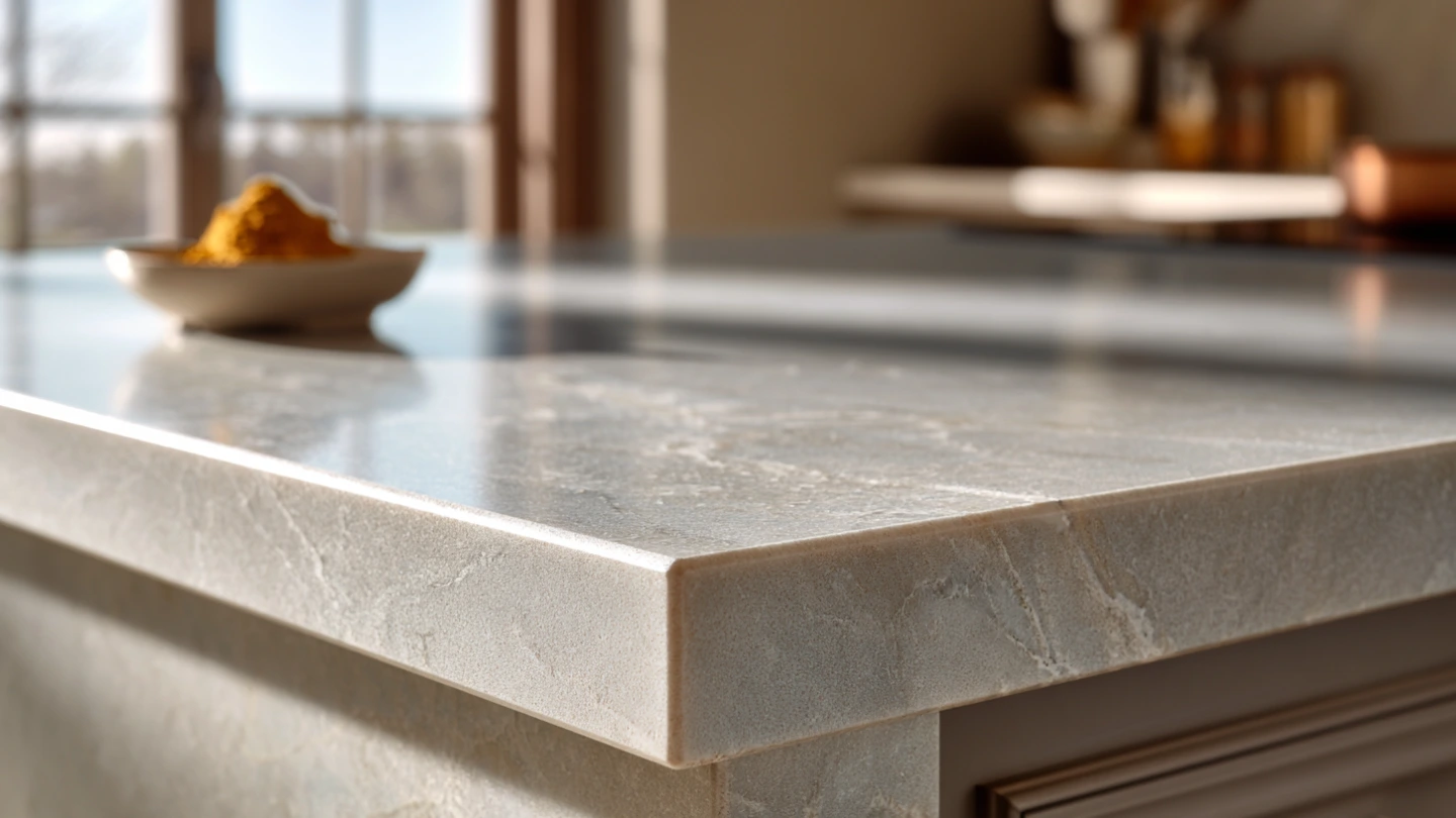 Close-up of a white quartz stone countertop in a Malaysian wet kitchen showing a smooth, non-porous surface Close-up of a white quartz stone countertop in a Malaysian wet kitchen showing a smooth, non-porous surface