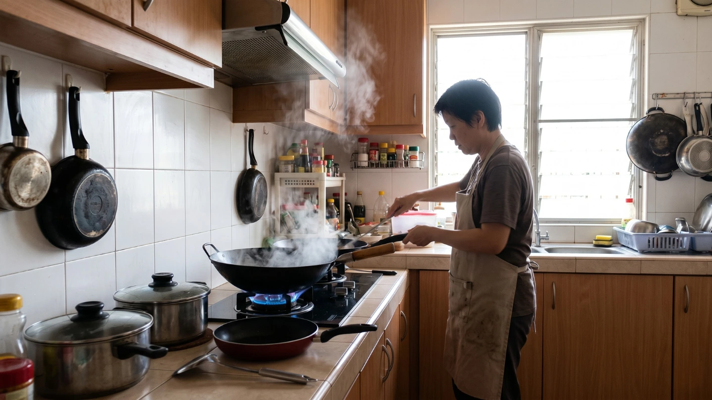A Malaysian wet kitchen in active use, showing wok cooking on a gas hob with steam rising above the countertop A Malaysian wet kitchen in active use, showing wok cooking on a gas hob with steam rising above the countertop