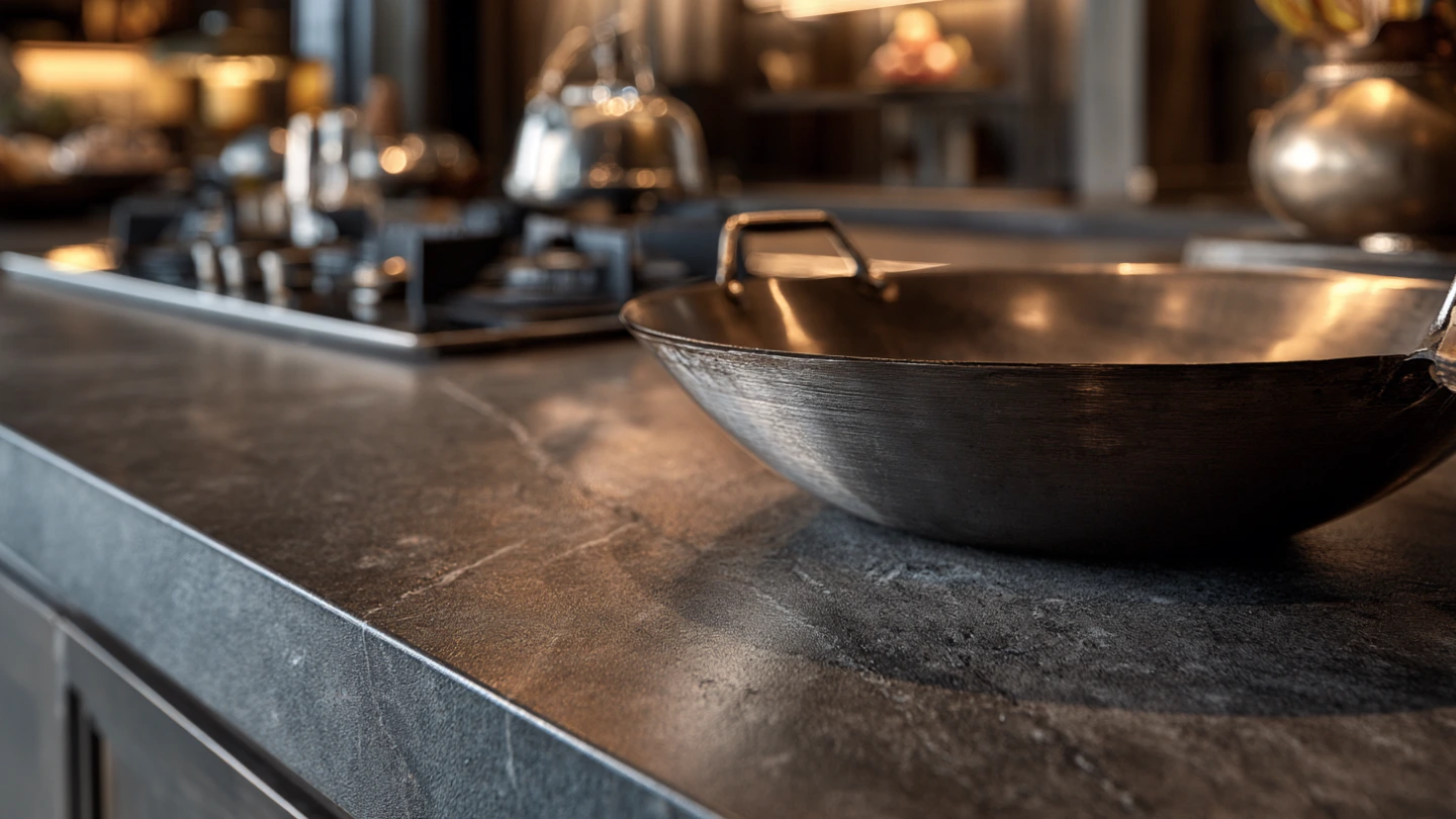 Sintered stone countertop in a Malaysian kitchen with a hot wok placed directly on the surface without a trivet Sintered stone countertop in a Malaysian kitchen with a hot wok placed directly on the surface without a trivet