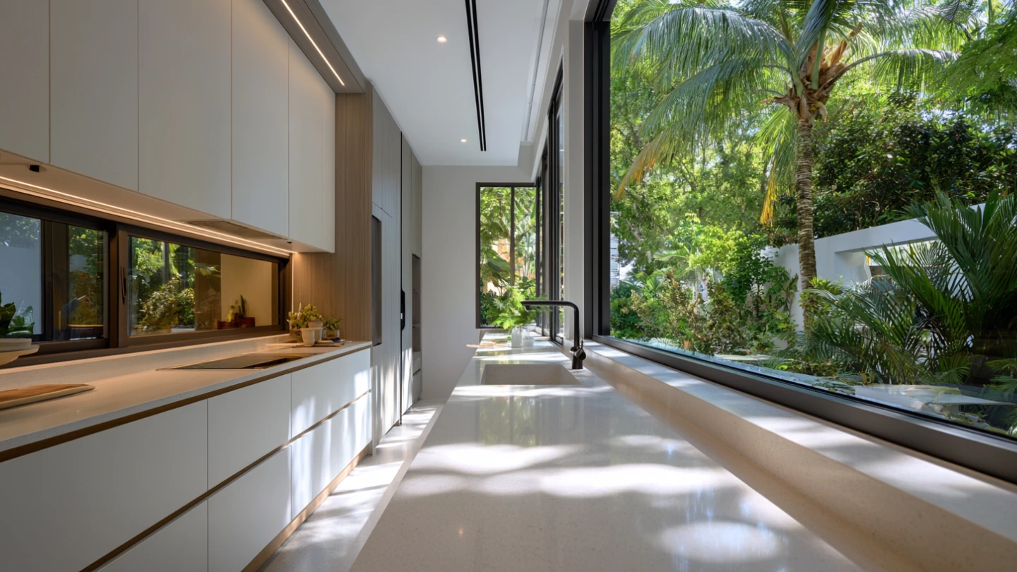 A newly renovated Malaysian wet kitchen with a modern quartz or sintered stone countertop and clean cabinetry A newly renovated Malaysian wet kitchen with a modern quartz or sintered stone countertop and clean cabinetry
