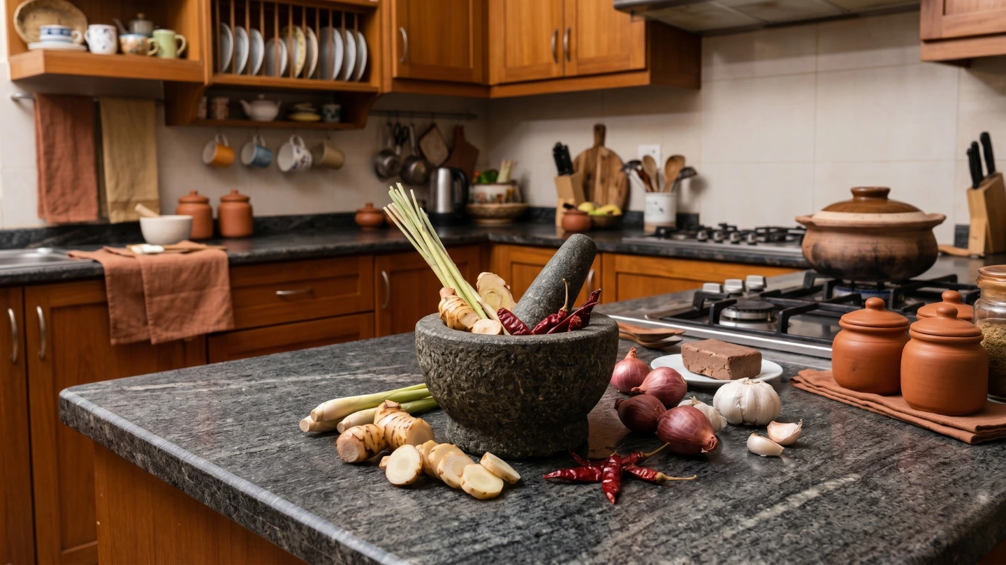A classic granite countertop in a Malaysian kitchen being used for traditional cooking preparation with spices and herbse A classic granite countertop in a Malaysian kitchen being used for traditional cooking preparation with spices and herbs