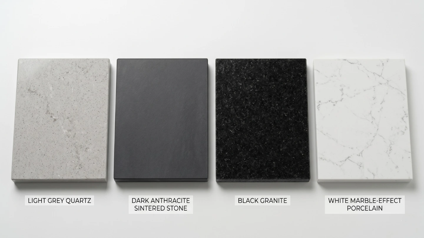 Side-by-side samples of quartz, sintered stone, granite and porcelain slab countertop materials for comparison Side-by-side samples of quartz, sintered stone, granite and porcelain slab countertop materials for comparison