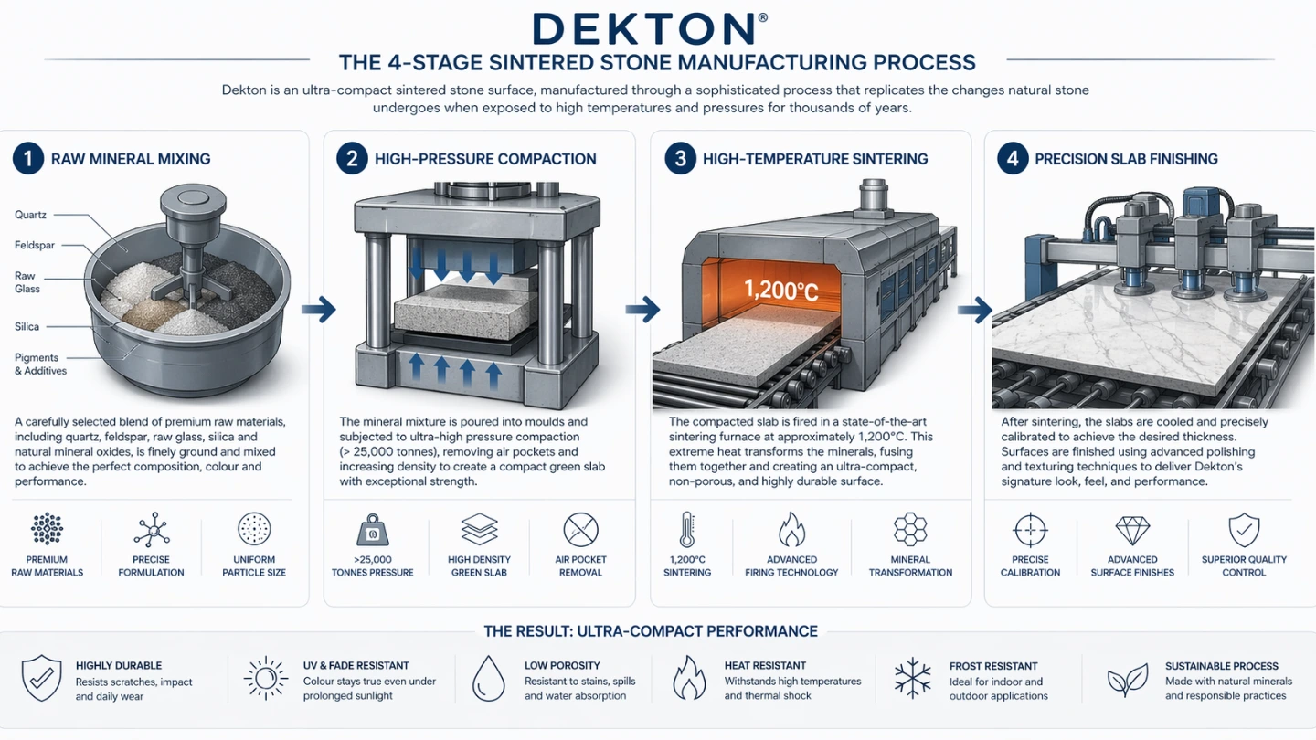 Diagram of the Dekton Exclusive Particle Sintering (EPS) manufacturing process Diagram of the Dekton Exclusive Particle Sintering (EPS) manufacturing process