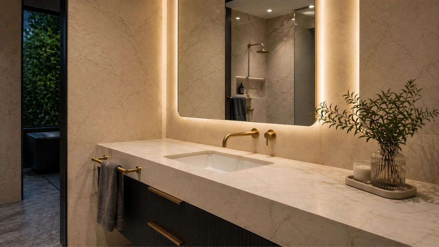 Luxury bathroom vanity top in Dekton sintered stone in a Malaysian home Luxury bathroom vanity top in Dekton sintered stone in a Malaysian home