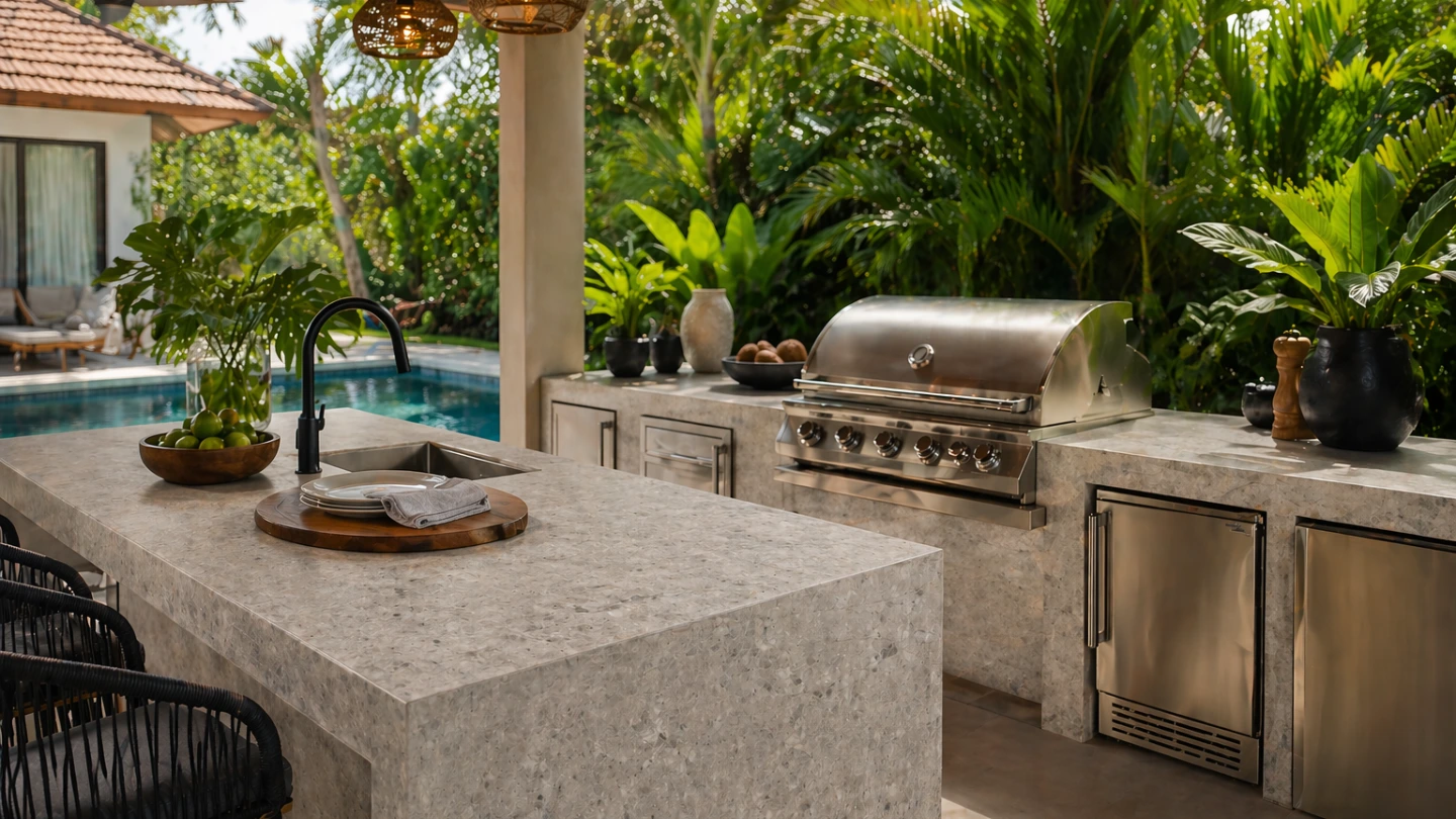 Dekton outdoor alfresco kitchen countertop in a Malaysian home showing UV stability in tropical sunlight Dekton outdoor alfresco kitchen countertop in a Malaysian home showing UV stability in tropical sunlight