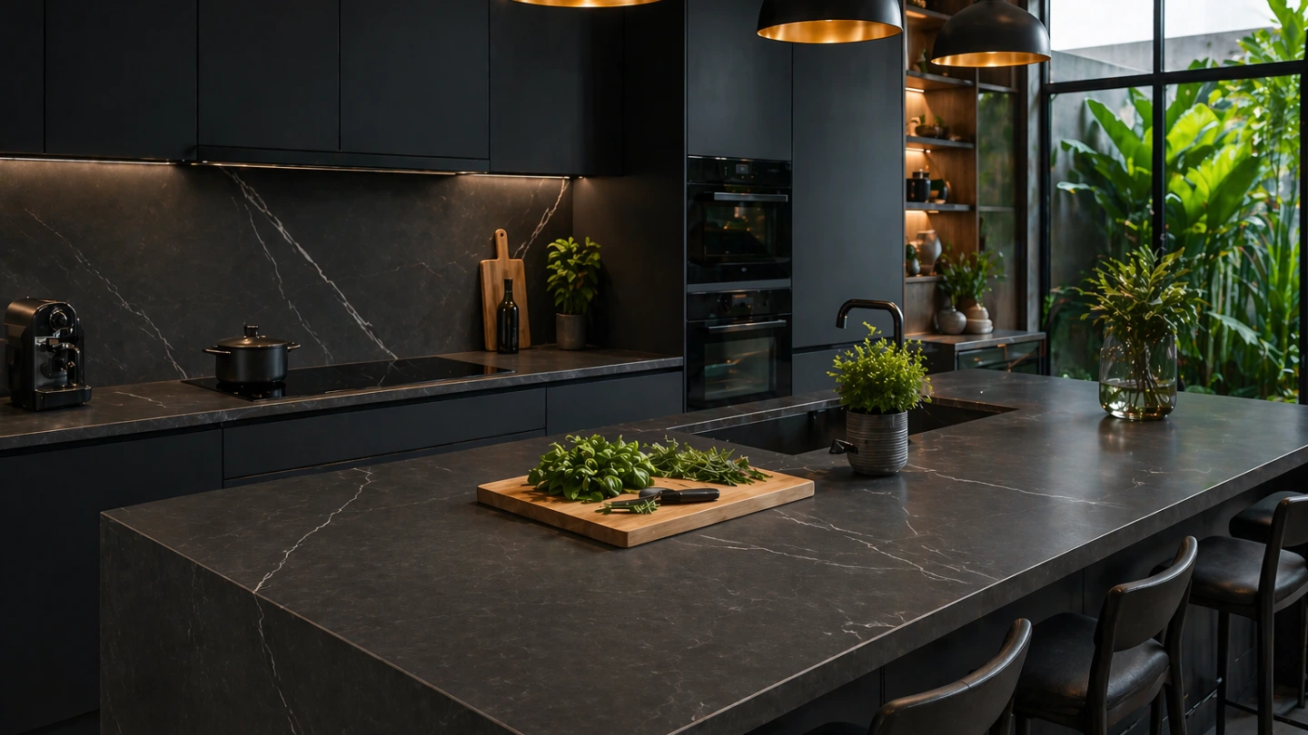 Completed Dekton sintered stone kitchen countertop and island installation in a modern Malaysian home Completed Dekton sintered stone kitchen countertop and island installation in a modern Malaysian home