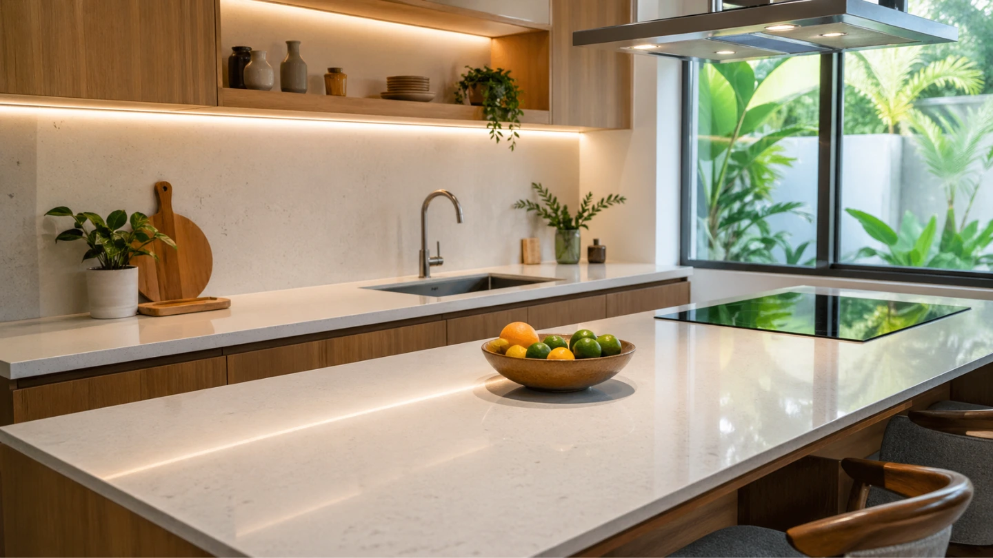 Clean quartz stone countertop in a modern Malaysian kitchen with natural light and minimal clutter