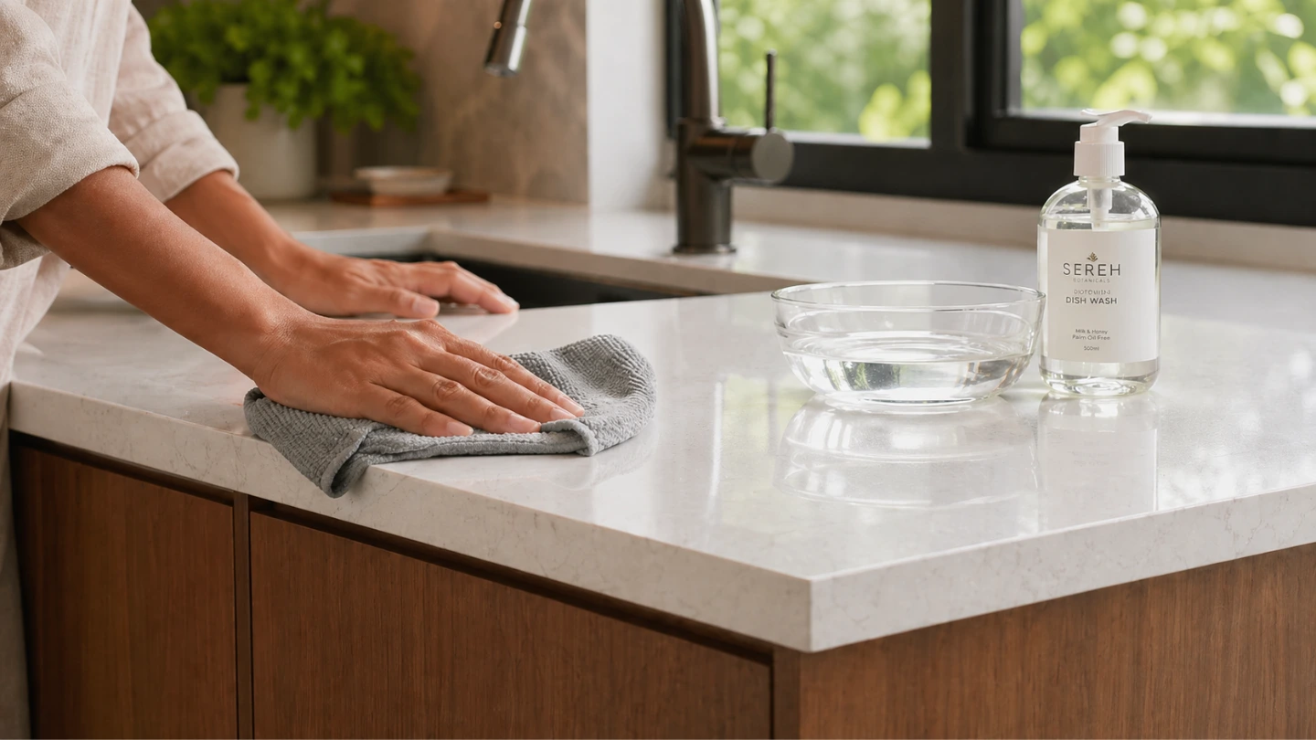Hands cleaning a quartz countertop with a soft microfibre cloth and mild dish soap