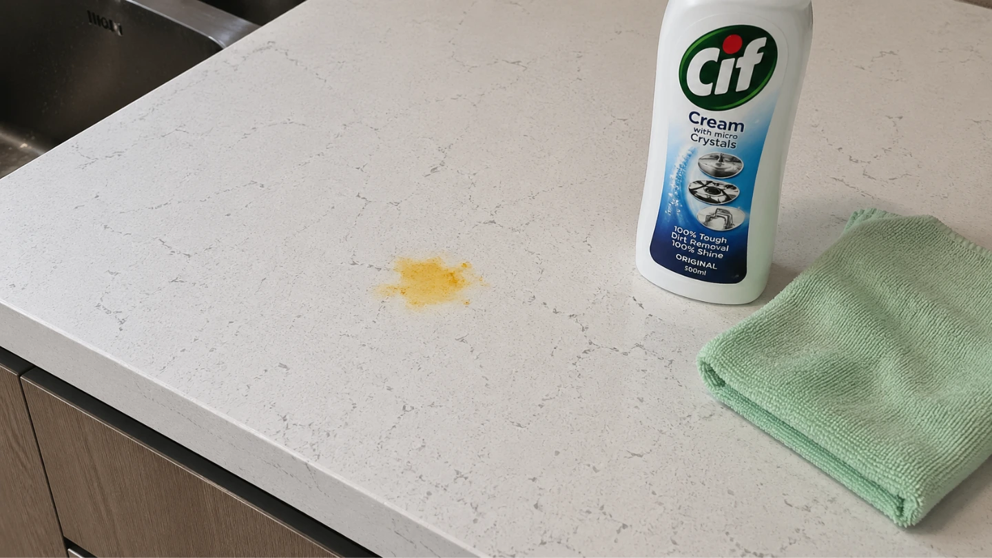 Turmeric stain on a light quartz countertop being cleaned with CIF cream cleaner and a soft cloth
