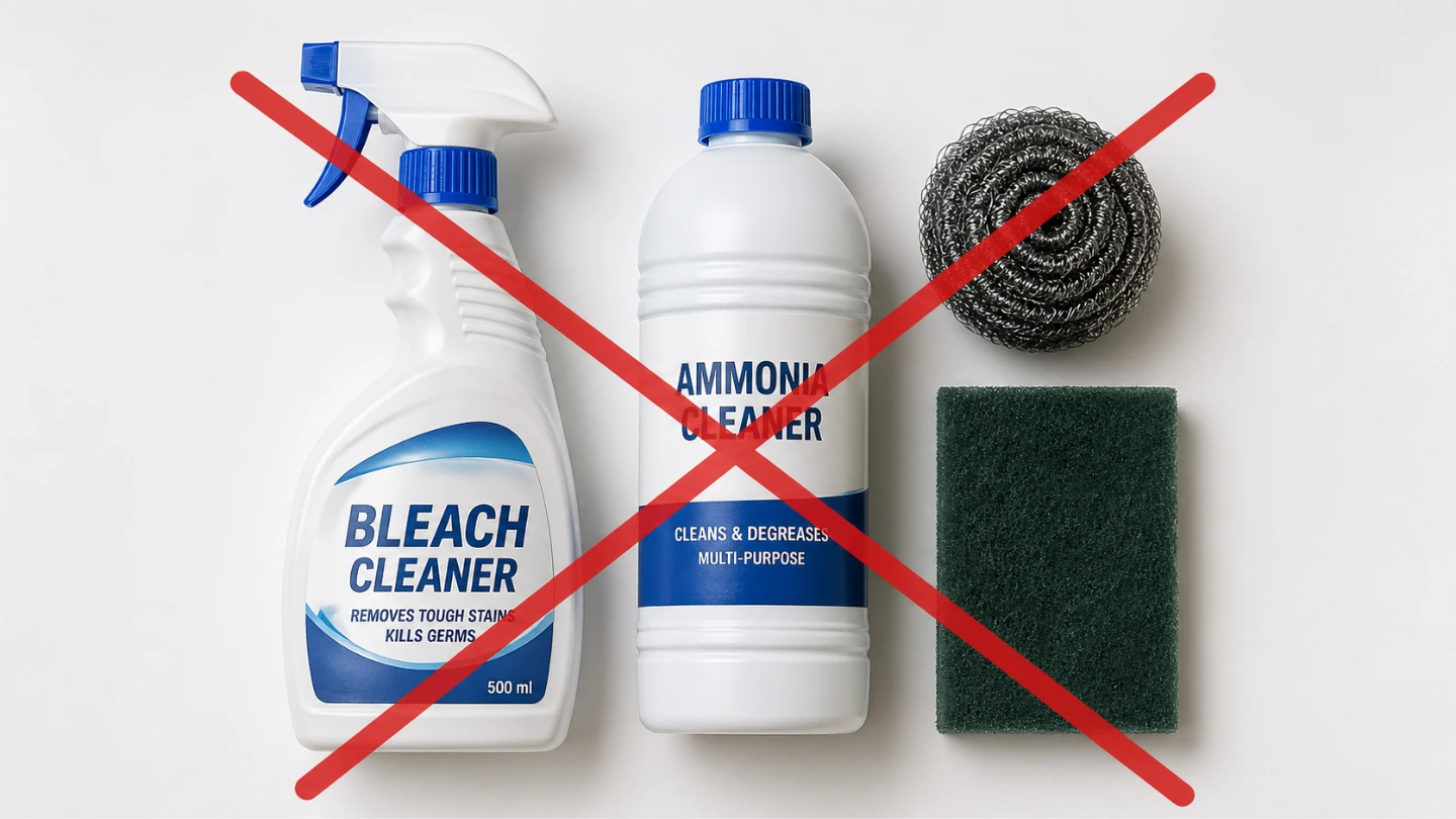 Household cleaning products including bleach and abrasive scrubbers that should not be used on quartz countertops