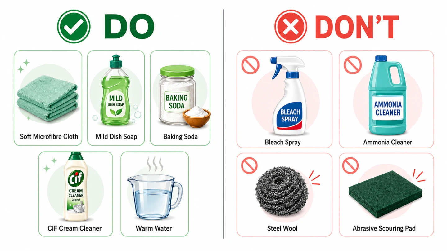 Illustrated dos and don'ts chart for cleaning quartz countertops in a Malaysian kitchen