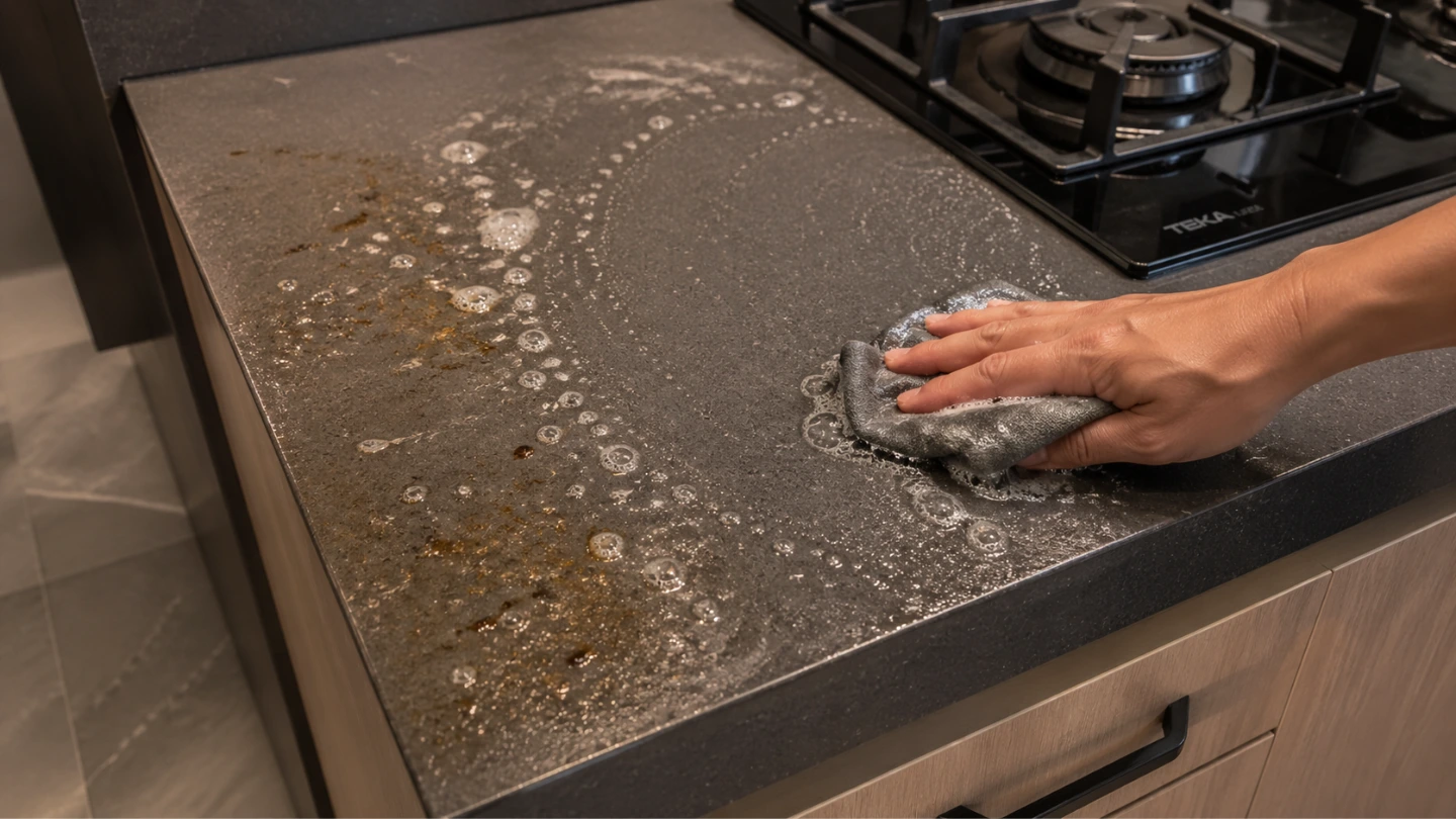 Deep cleaning greasy quartz countertop near a kitchen hob using dish soap and warm water