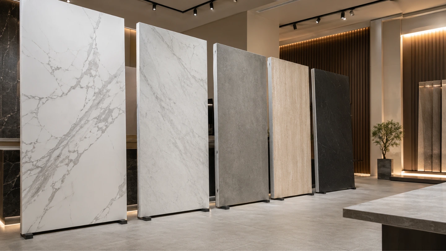 Range of sintered stone slab colours and surface patterns displayed in a Malaysian stone showroom Range of sintered stone slab colours and surface patterns displayed in a Malaysian stone showroom