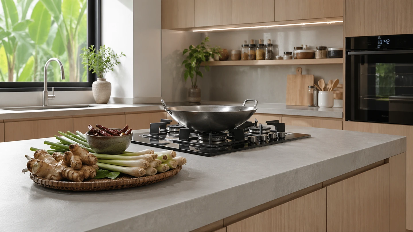 Modern Malaysian kitchen featuring a clean sintered stone countertop with a wok and cooking setup ready for use Modern Malaysian kitchen featuring a clean sintered stone countertop with a wok and cooking setup ready for use
