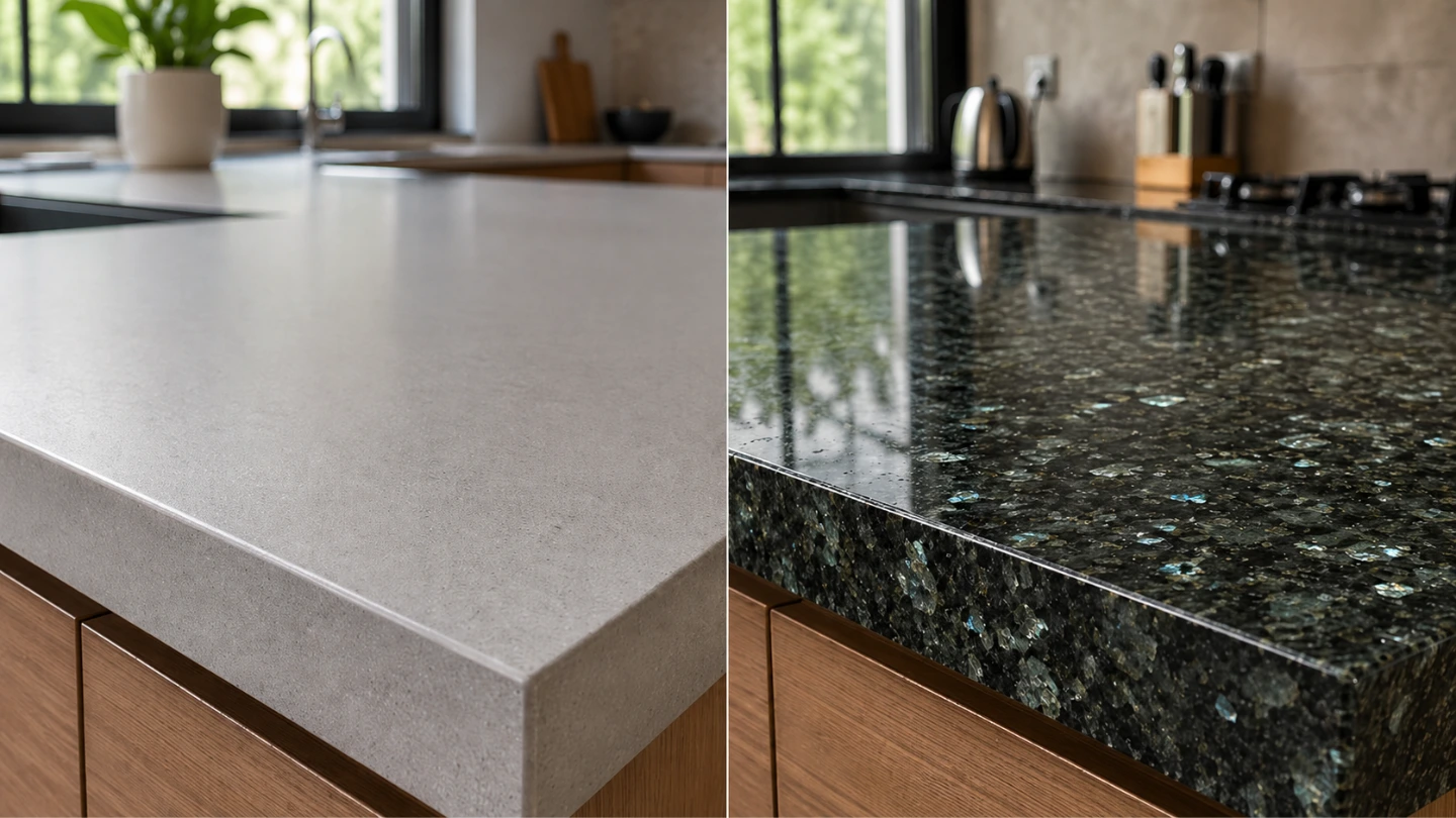 Side-by-side comparison of sintered stone and granite countertop surfaces in a Malaysian kitchen setting Side-by-side comparison of sintered stone and granite countertop surfaces in a Malaysian kitchen setting
