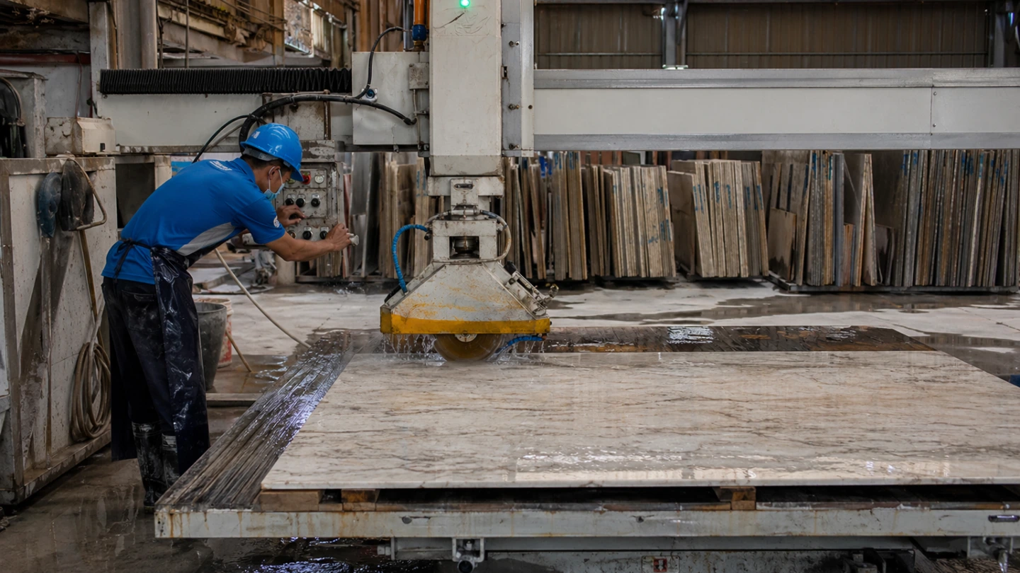 Stone fabrication technician operating precision cutting equipment on a large countertop slab in a Malaysian workshop Stone fabrication technician operating precision cutting equipment on a large countertop slab in a Malaysian workshop