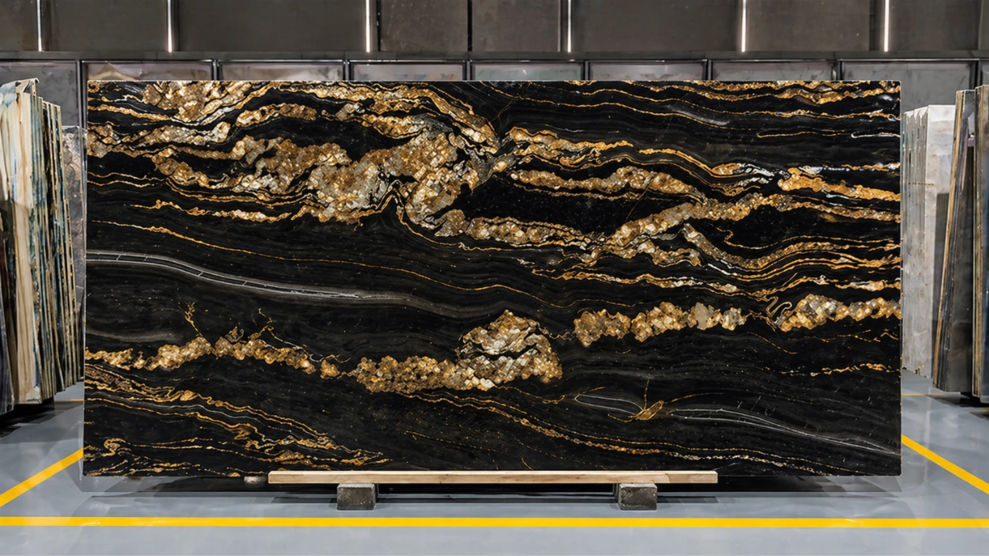 A large polished black granite slab with dramatic gold veining and crystalline mineral clusters, displayed upright in a Malaysian stone warehouse A large polished black granite slab with dramatic gold veining and crystalline mineral clusters, displayed upright in a Malaysian stone warehouse