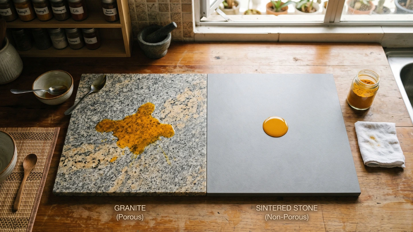 Comparison showing a liquid spill being absorbed into a granite surface versus beading on a non-porous sintered stone surface Comparison showing a liquid spill being absorbed into a granite surface versus beading on a non-porous sintered stone surface