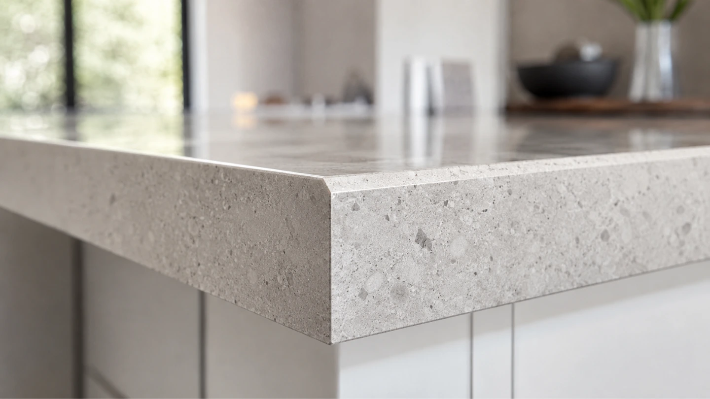 Close-up detail of a polished mitre edge on a light grey quartz countertop in a Malaysian kitchen