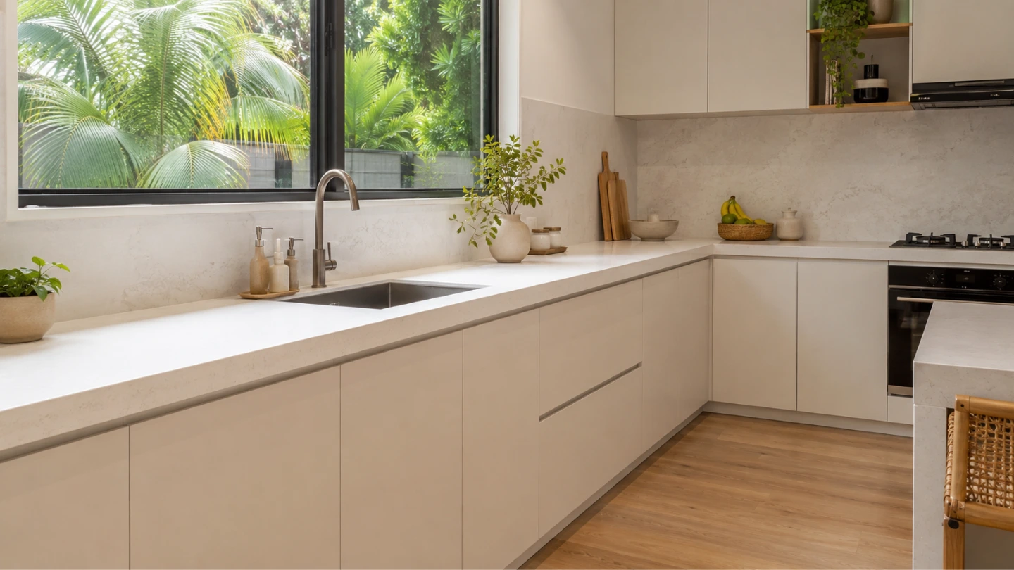 Bright, modern Malaysian kitchen featuring a white quartz stone countertop during renovation planning