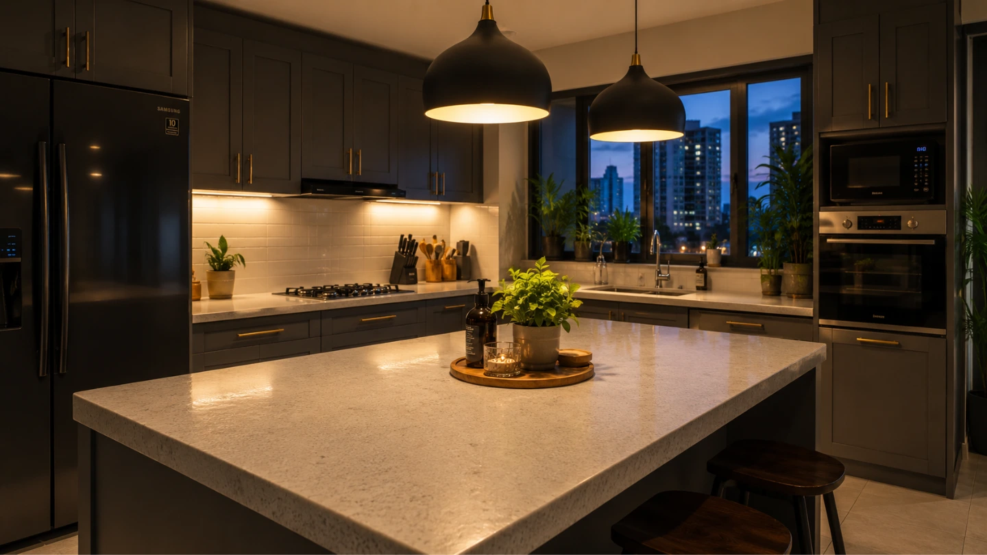 Modern Malaysian condominium kitchen with a large mid-range quartz island countertop and matte black pendant lighting