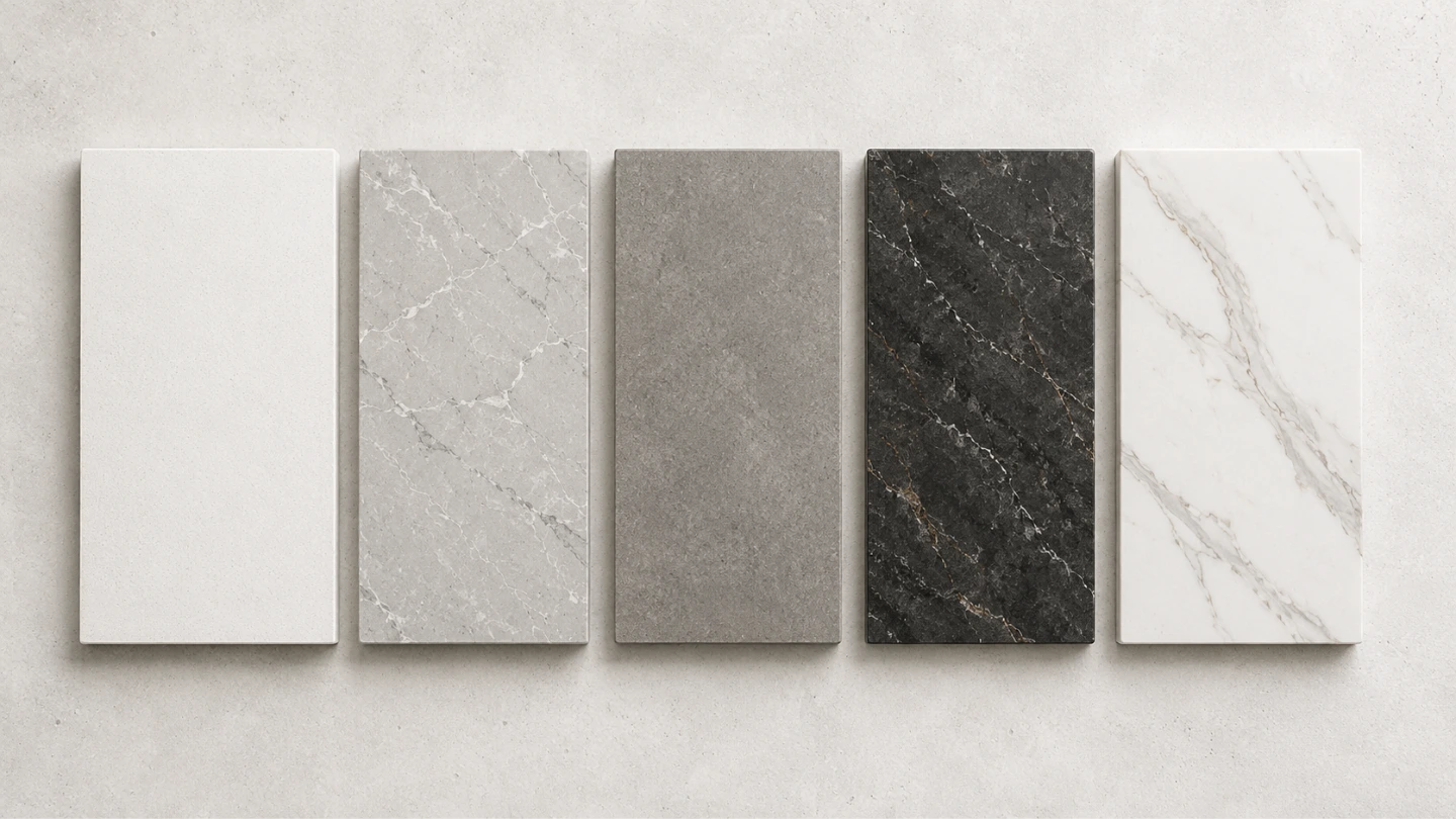 Side-by-side display of quartz and sintered stone countertop samples including Zenstone, Moonstone, Caesarstone, and Dekton finishes