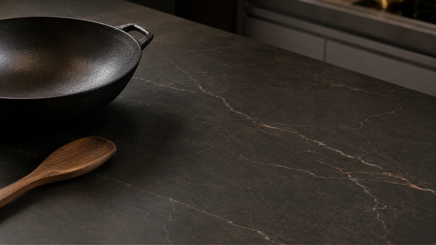 Close-up of a matte dark sintered stone countertop surface with a cast iron wok and wooden spatula as props
