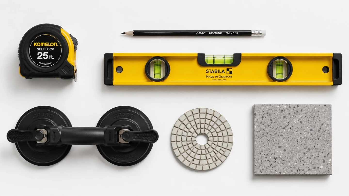 Overhead flat-lay of professional stone countertop installation tools including tape measure, level, suction cup lifter, and a grey quartz sample